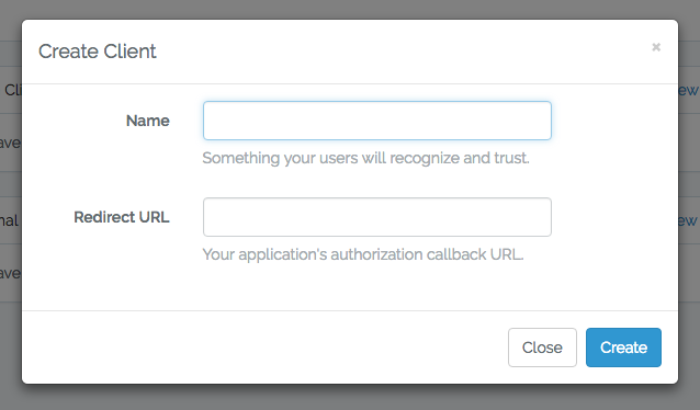 Screenshot of Laravel Passport create client view