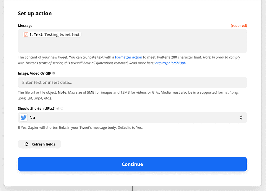 Screenshot of the "Set up action" form in Zapier